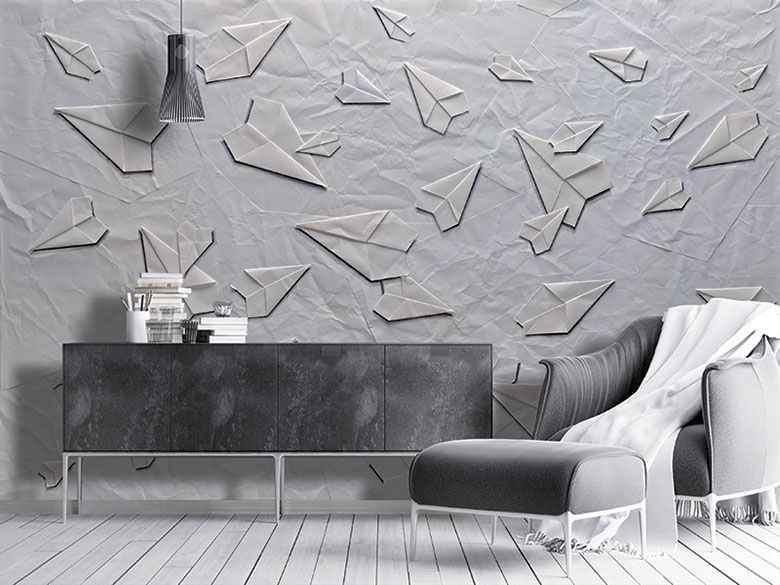 Modern style 3d wallpaper with paper planes on white materic background
