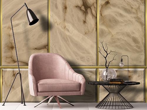 Wallpaper with realistic pink marble boiserie, with gold-colored edges in a living room