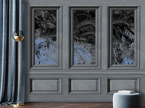 3D wallpaper with grey boiserie framing a composition of tropical leaves in a modern home                                                                  