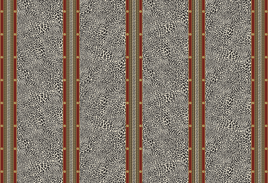 Animalier-style wallpaper with leopard texture, black and red colors with gold precious stones