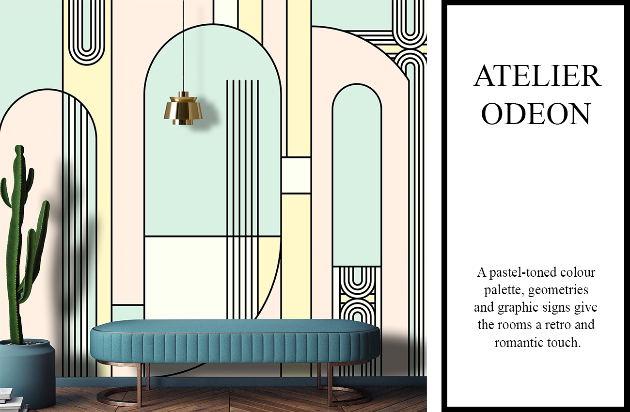 Deco style wallpaper, with arches and geometric figures in aqua green, yellow and pink