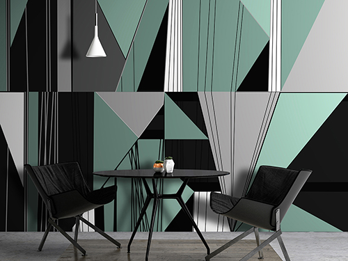 Modern living room with green, black and white geometric wallpaper
