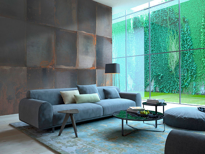 Realistic effect wallpaper with metal plates in blue, gray and rust which adorns a sophisticated loft