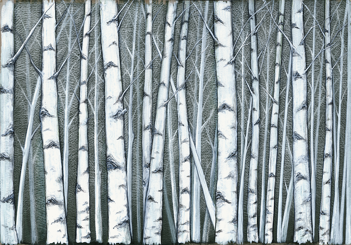 Hand-painted wallpaper with birch forest trees on a green background