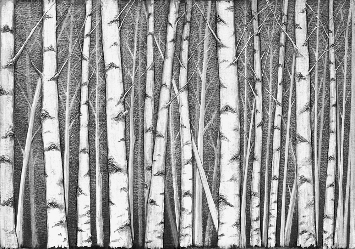 Wallpaper with birch forest painted by hand on a green material background