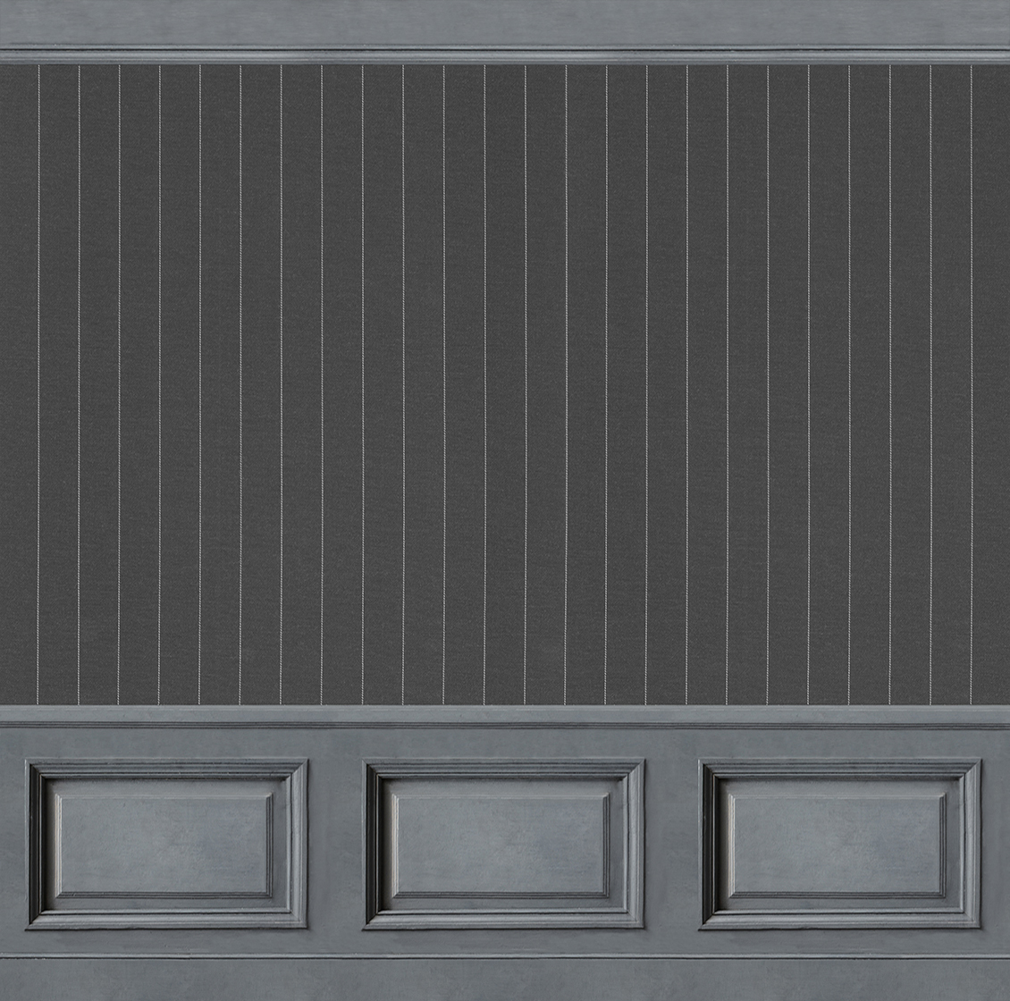 Customizable wallpaper with gray boiserie and pinstripe fabric 