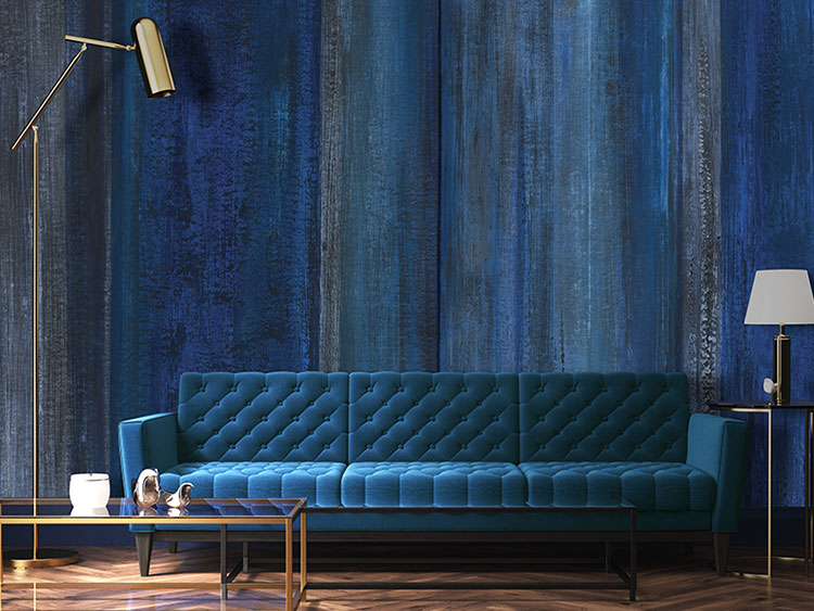 Modern wallpaper, material texture in petrol blue, light blue and teal, covering an elegant living room