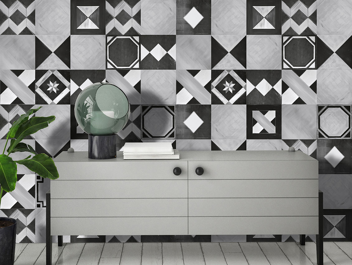 Classic style wallpaper with geometrically decorated tiles, hand painted, covering a living room