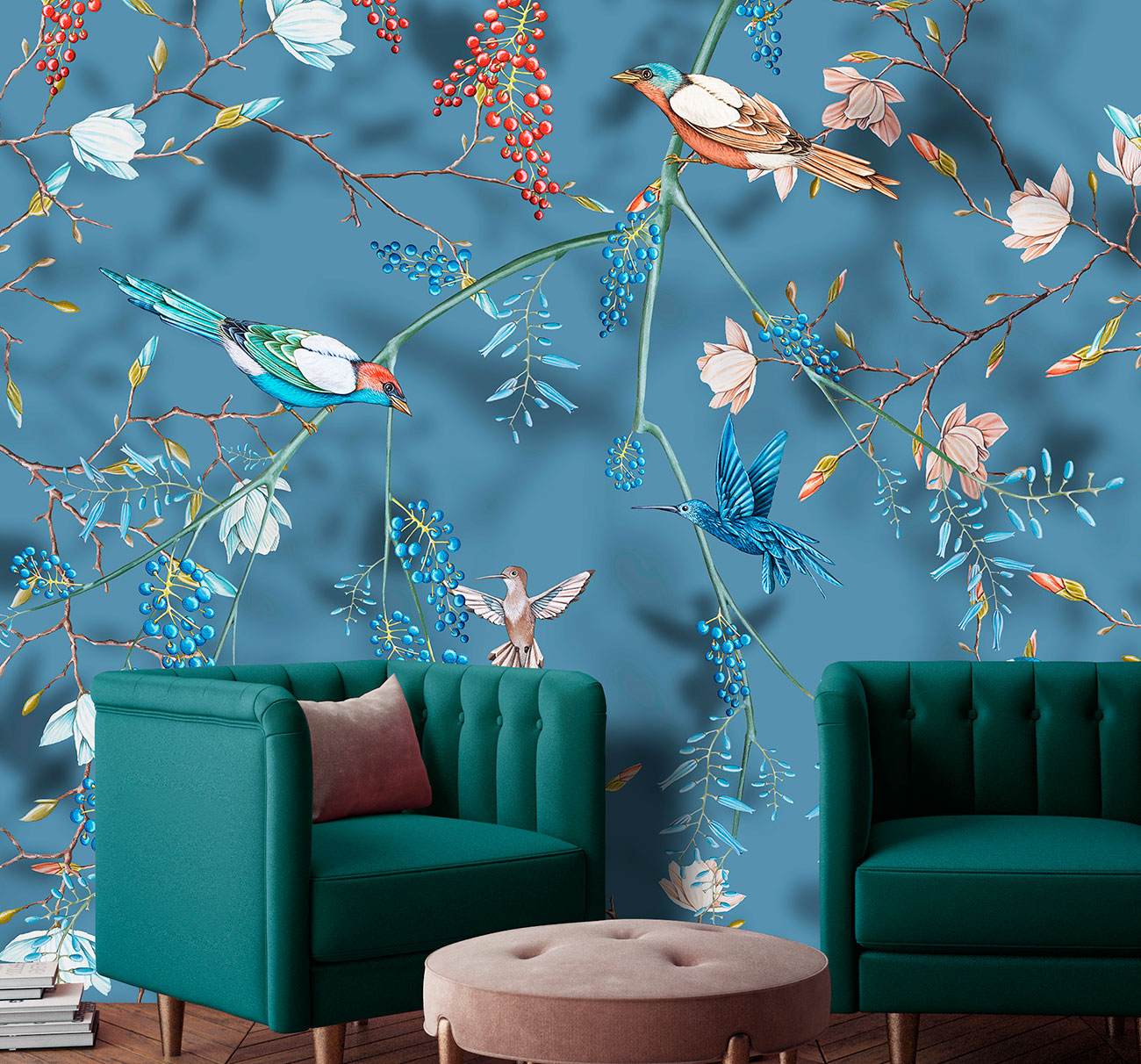 Floral 3D effect wallpaper, with hand-painted tropical flowers and birds on a blue background