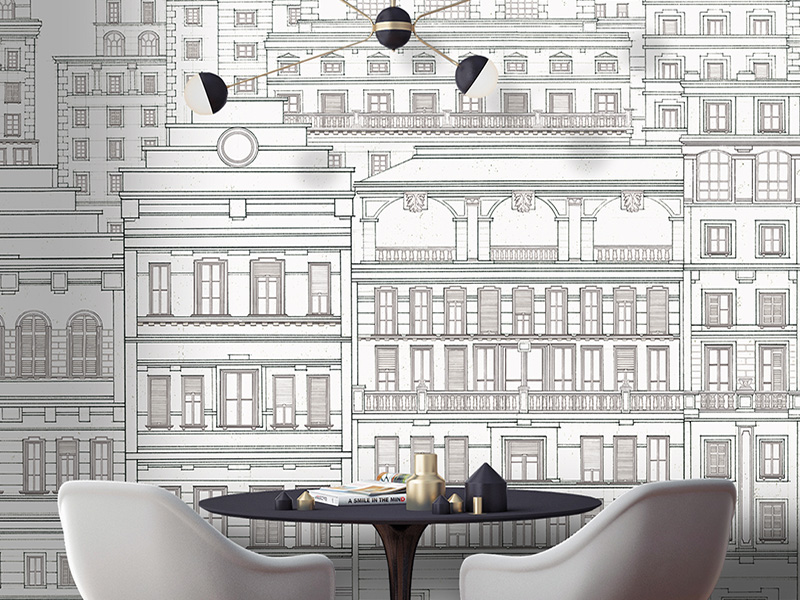 Architectural wallpaper with a hand drawn city of buildings on a white background