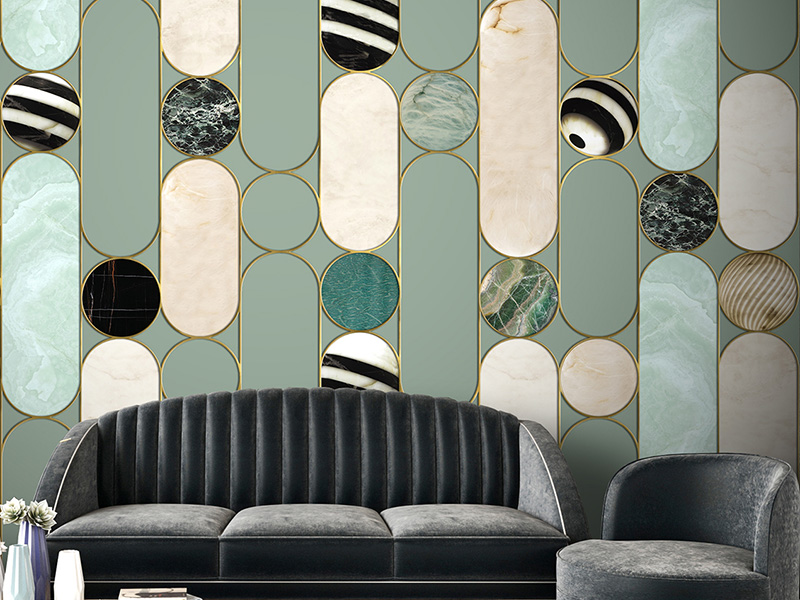 Decorative wallpaper with golden geometries and marble inserts which adorns a modern living room