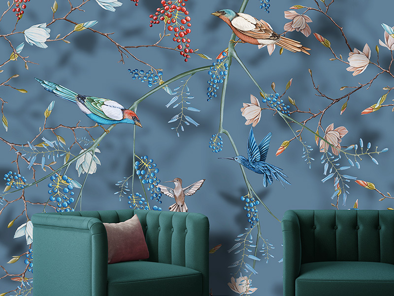 Floral wallpaper with colorful tropical flowers and birds, hand painted on a blue background