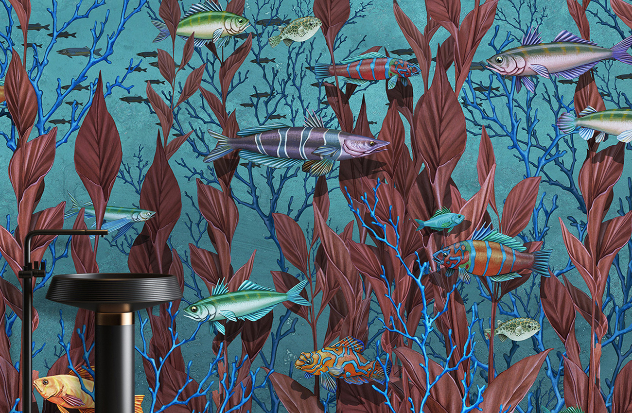 Marine wallpaper with fish, an aquarium with algae and corals on green background, covering a bathroom