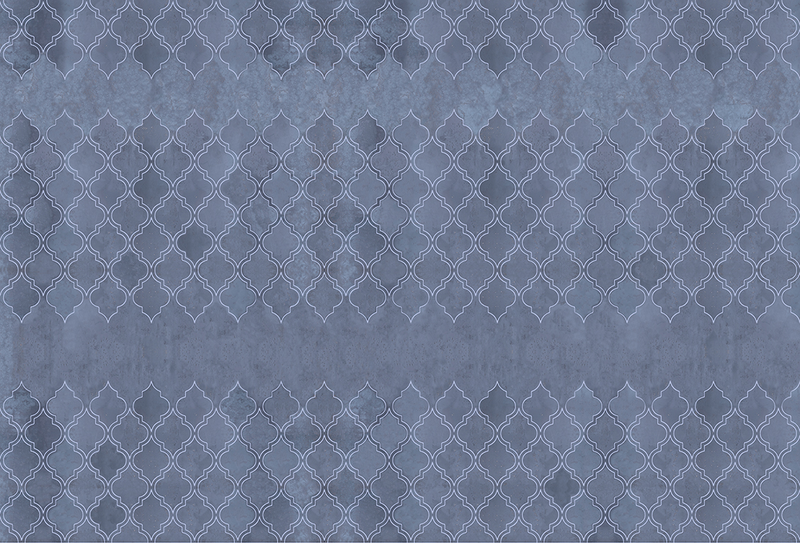 Decorative wallpaper with an oriental style geometric design in blue color