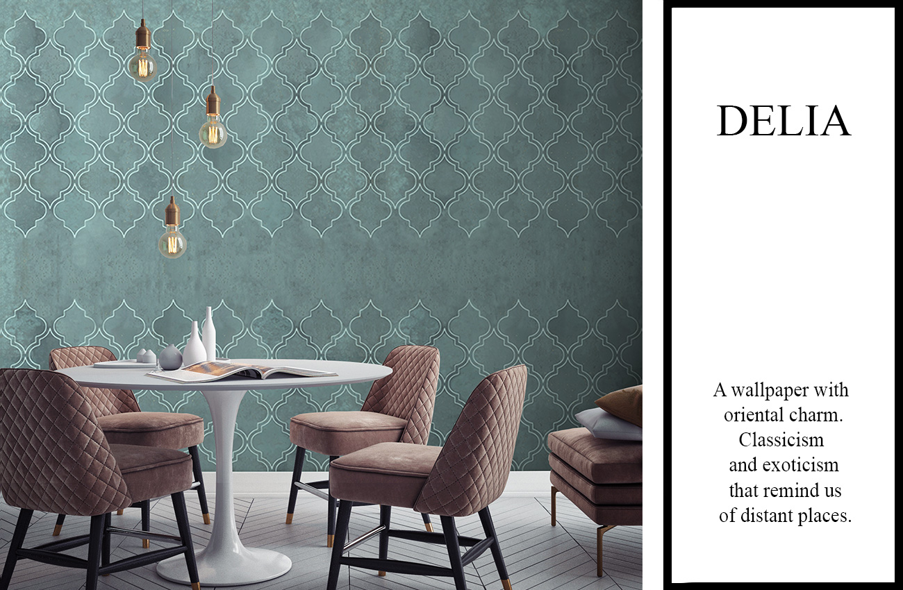 Aqua green wallpaper with an oriental style geometric design, which covers a classic living room