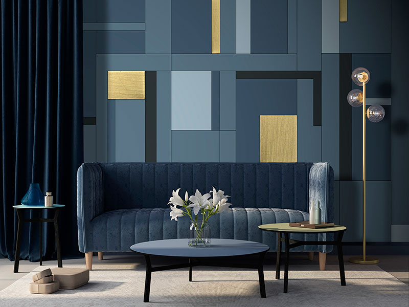 Decorative wallpaper, with geometric figures in blue, light blue and gold which adorns a living room