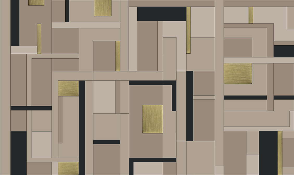 Decorative wallpaper, with geometric figures in dove-grey, beige and gold