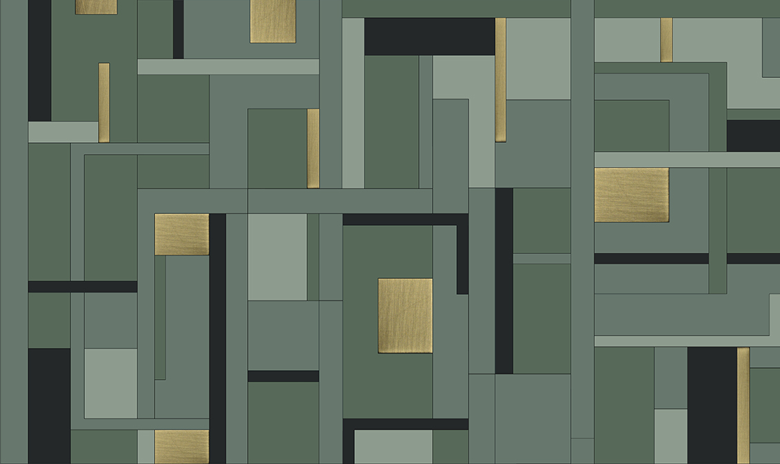 Elegant wallpaper, with geometric figures in green, black and gold