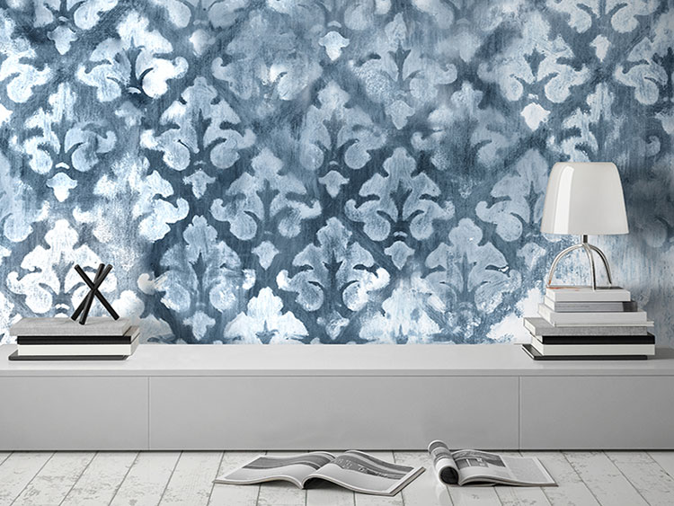 Vintage wallpaper with white damask texture on a petrol blue background, in a home