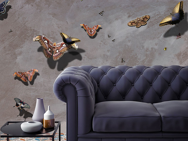 Naturalistic wallpaper with colorful butterflies flying on a dove-coloured textured background