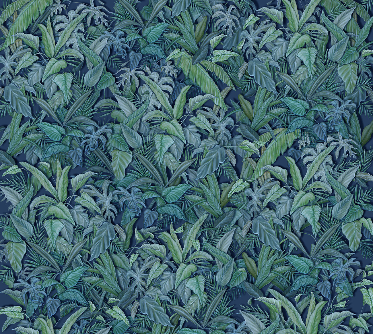 Tropical wallpaper with composition of exotic leaves in various shades of green, on a gray background   
