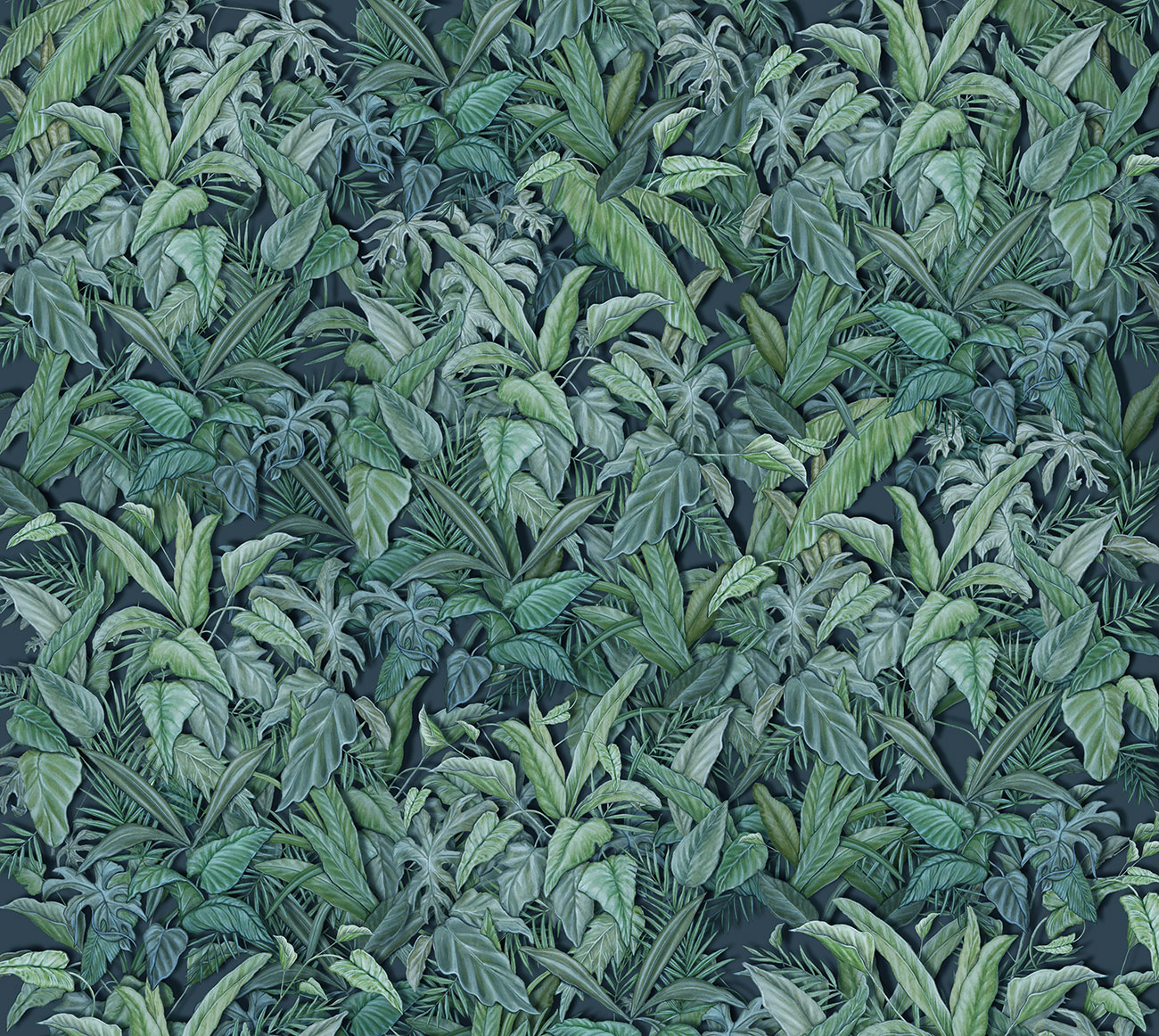 Tropical wallpaper with composition of exotic leaves in various shades of green and purple, on a gray background   