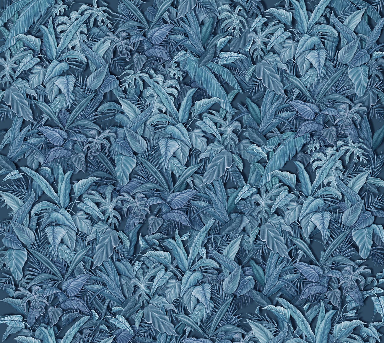 Jungle wallpaper with composition of exotic leaves in various shades of grey