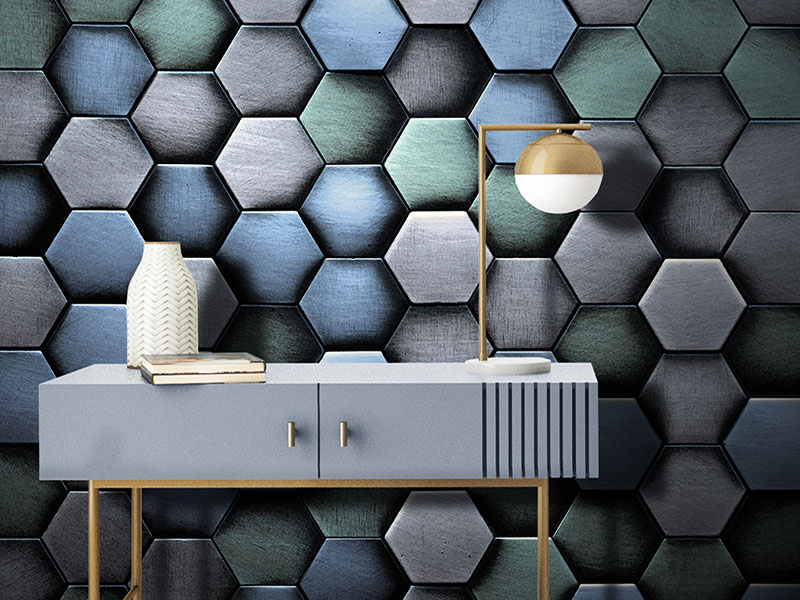 Geometric wallpaper with blue and green metal hexagons