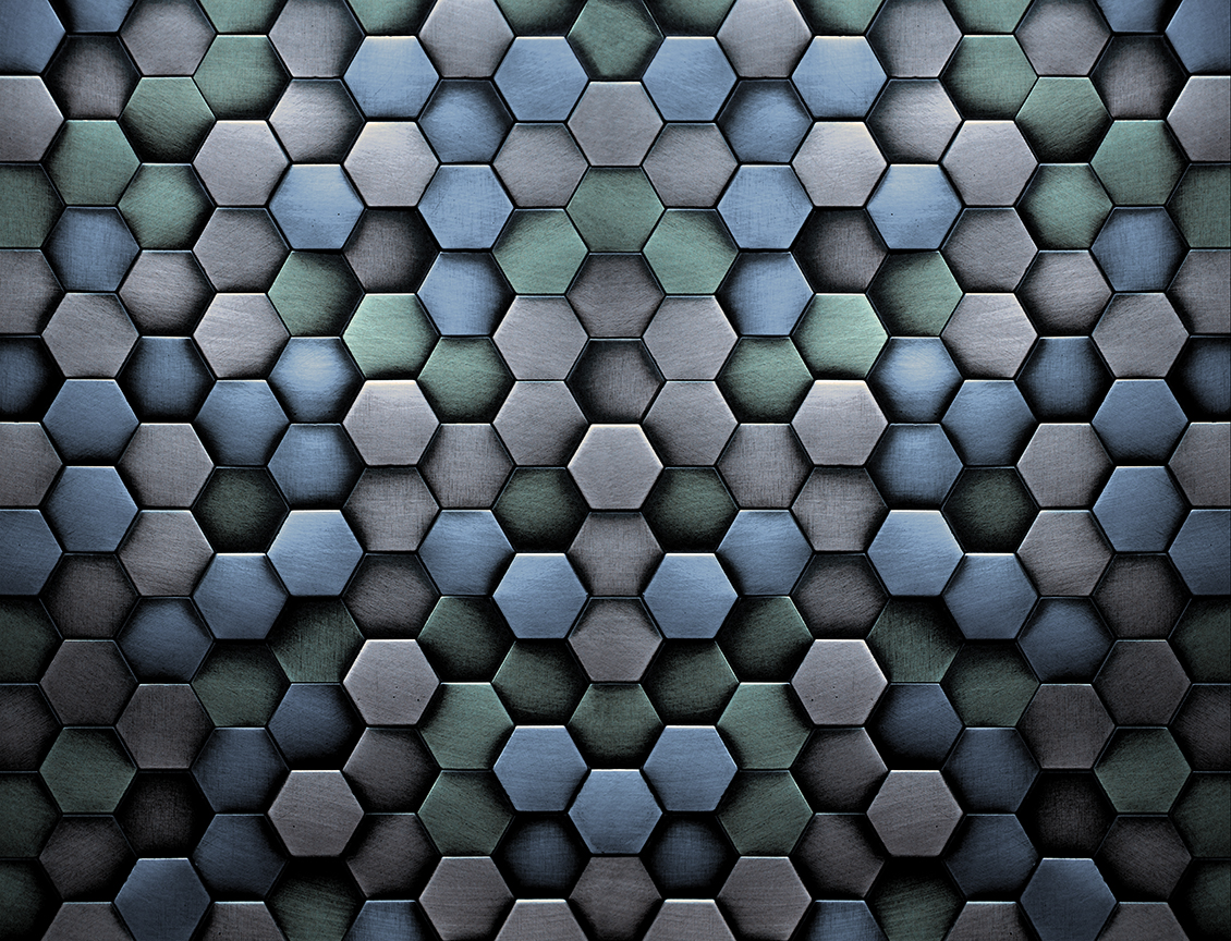 Carta da parati geometrica effetto 3d con esagoni di metallo di colore blu, grigio, verde e viola
