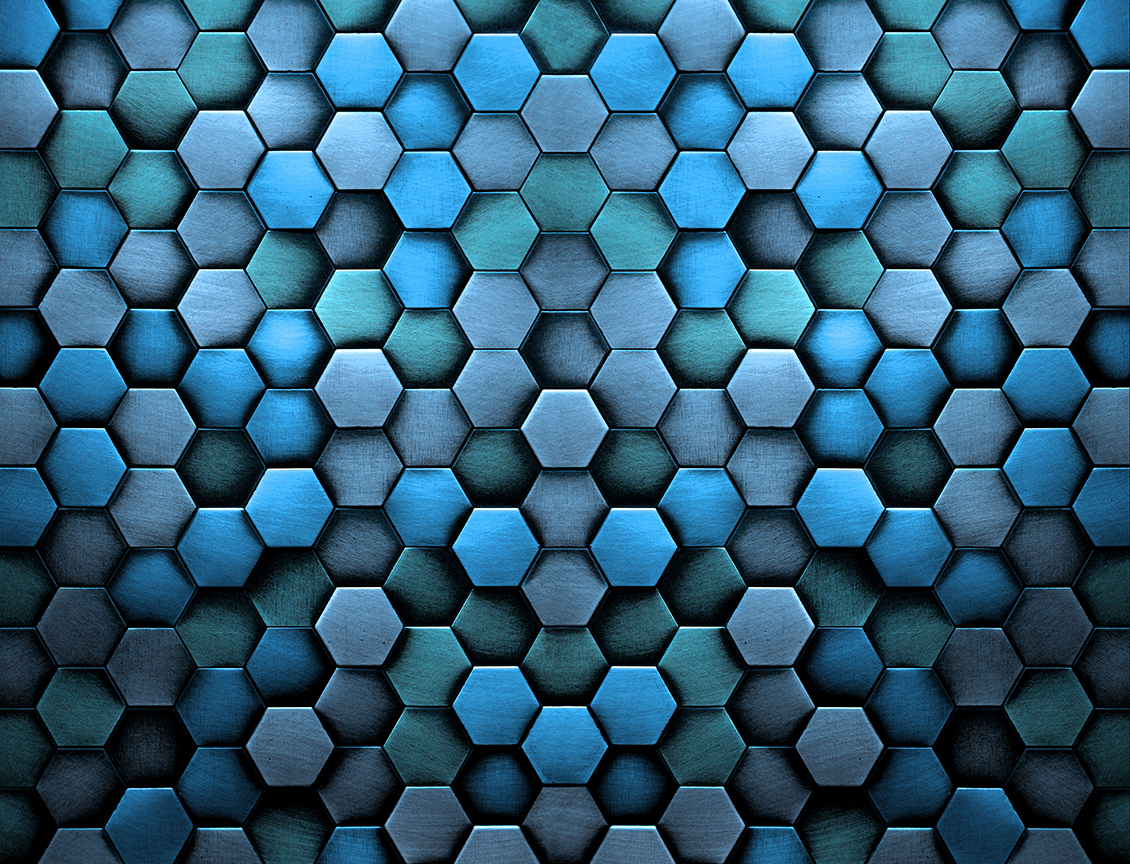 Geometric 3D effect wall covering with blue and green metal hexagons           