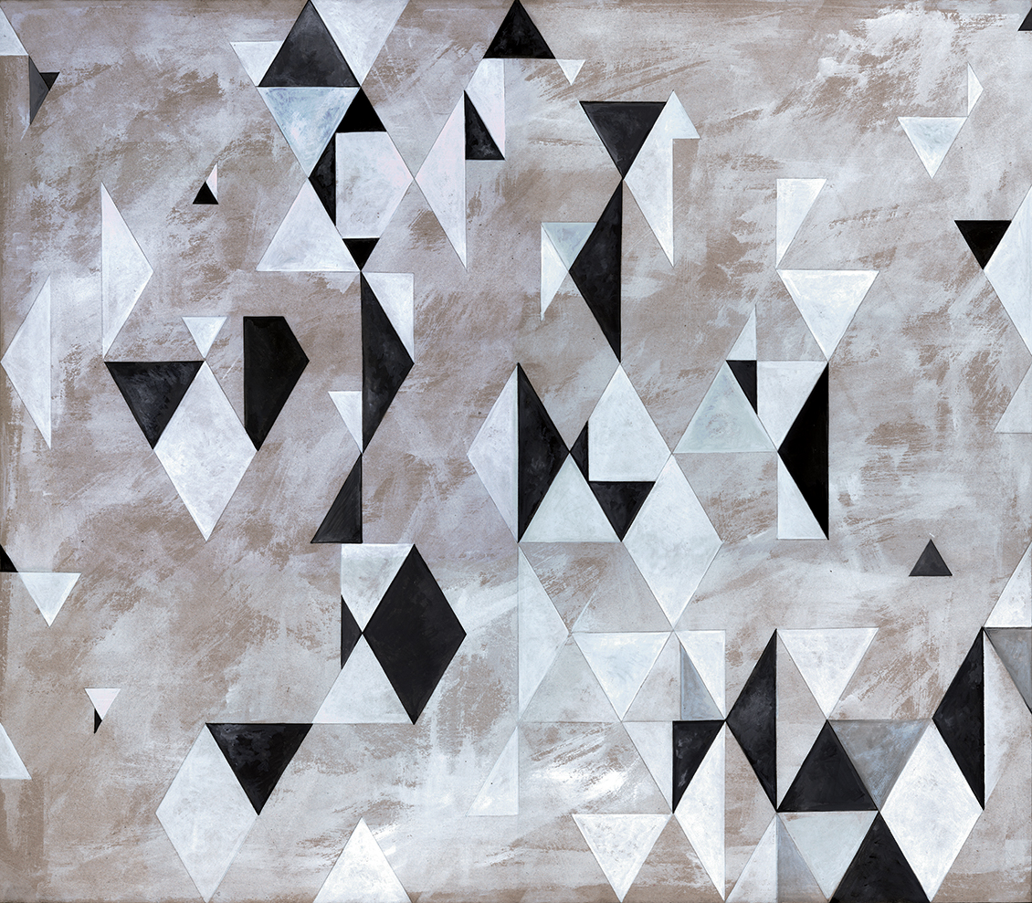 Geometric wallpaper with white and black rhombus and triangles, on a dove grey background