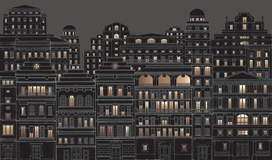 Architectural wallpaper with hand drawn buildings on a black background