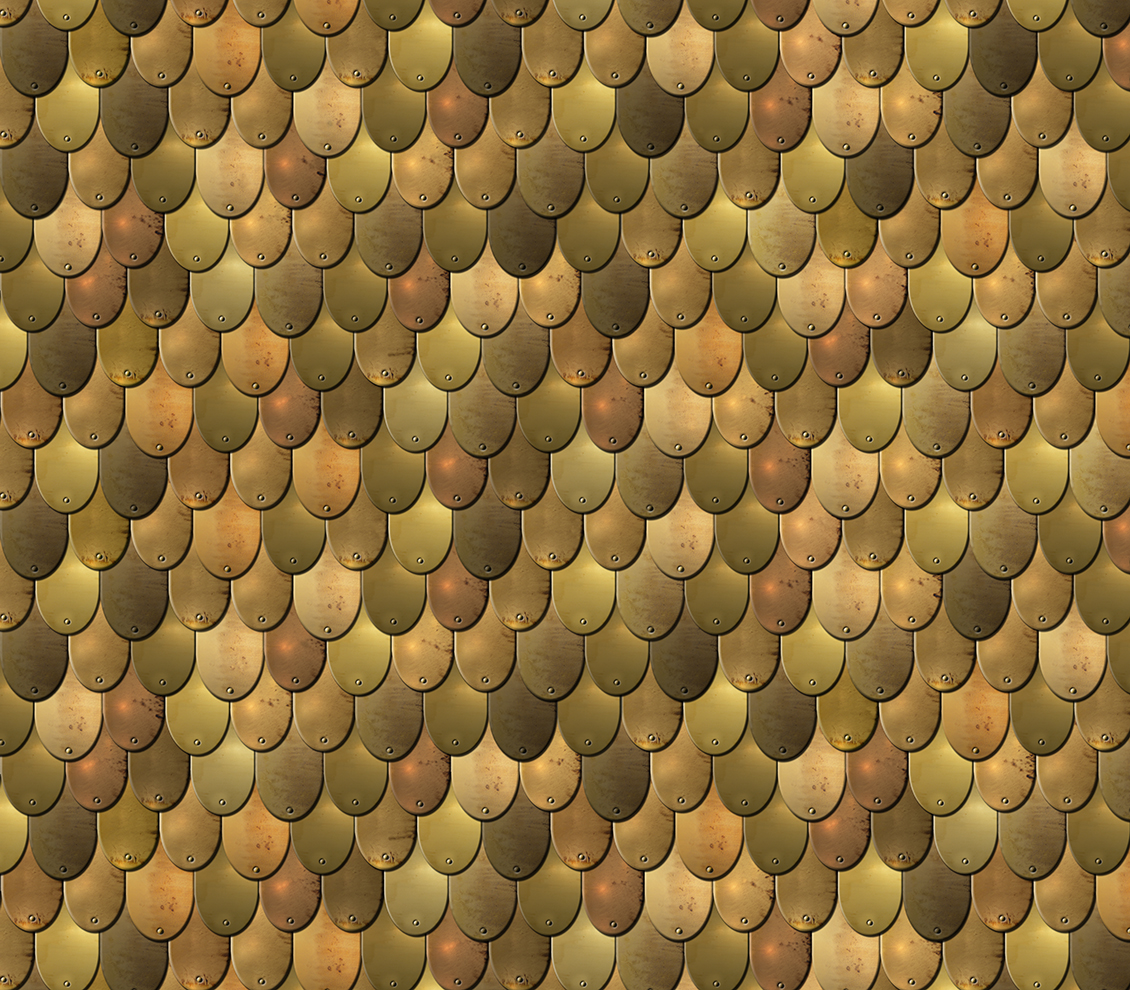 carta da parati effetto 3d con placche metalliche dai toni oro e bronzo, composte a squama di pesce