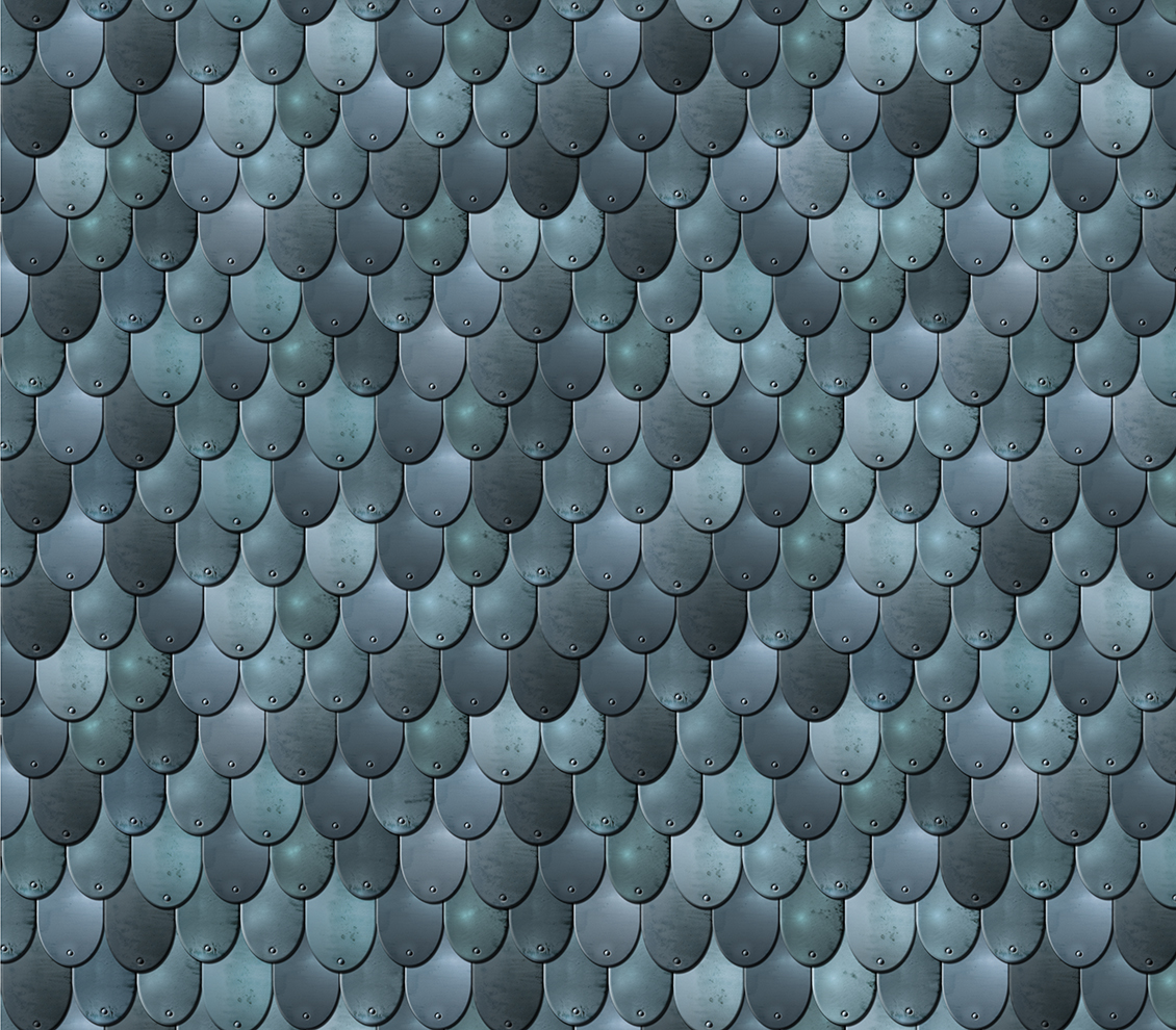 carta da parati geometrica effetto 3d con placche metalliche dai toni blu, composte a squama di pesce
