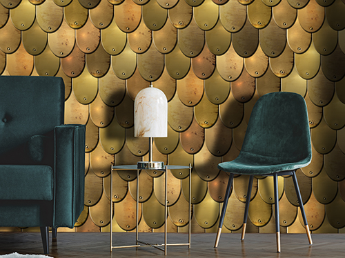 Living room covered with devorative wallpaper with realistic metallic flakes in gold tones