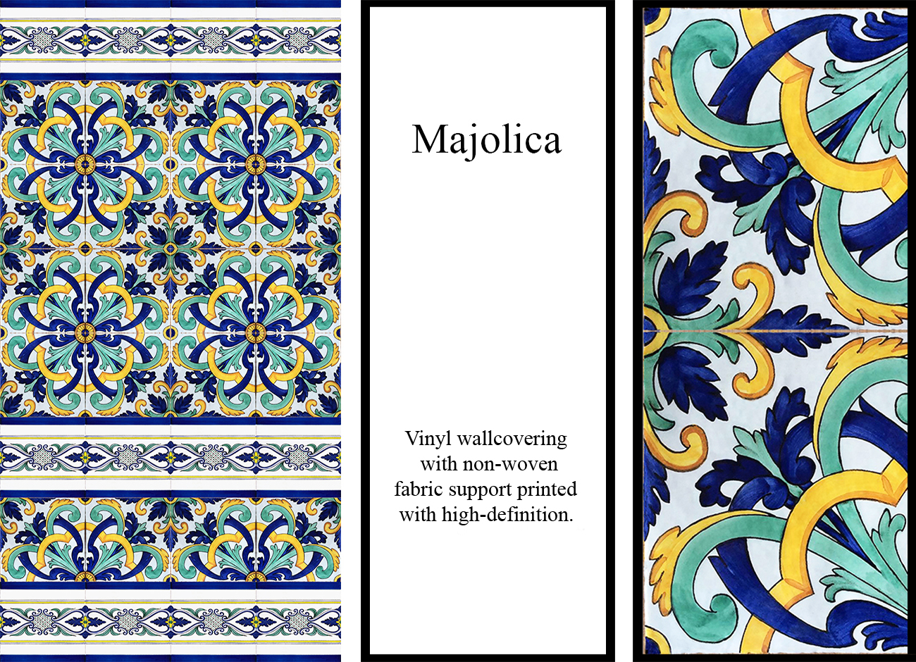 Carta da parati con maioliche a texture floreale dai colori blu, verde e giallo su fondo bianco