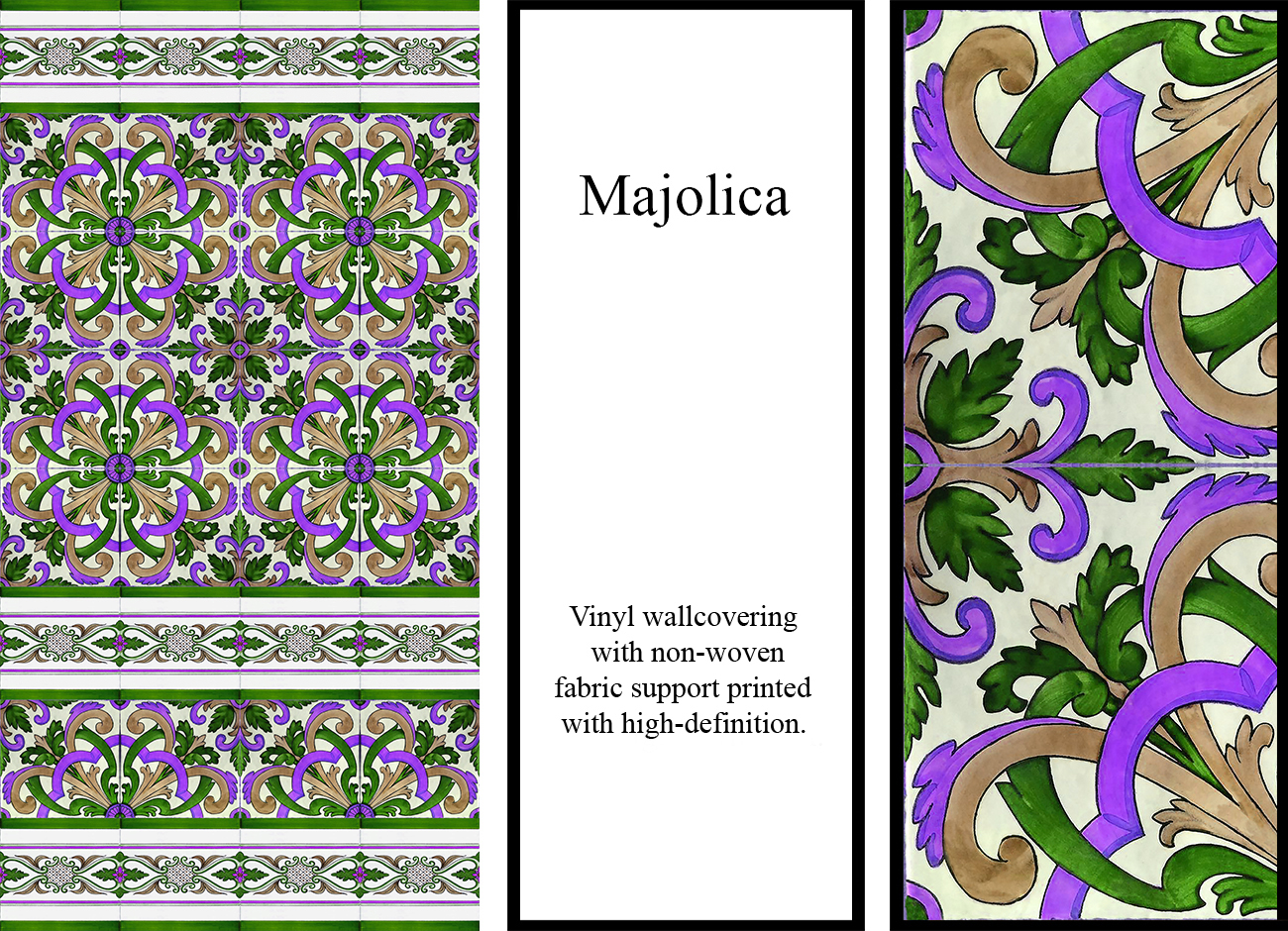 Mediterranean-style majolica wallpaper with floral motifs in bright violet, green and dove grey colours