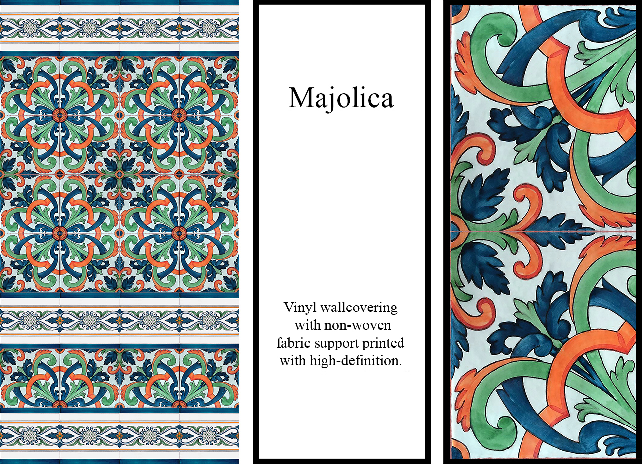 Mediterranean-style majolica wallpaper with floral motifs in bright blue, green and orange colours