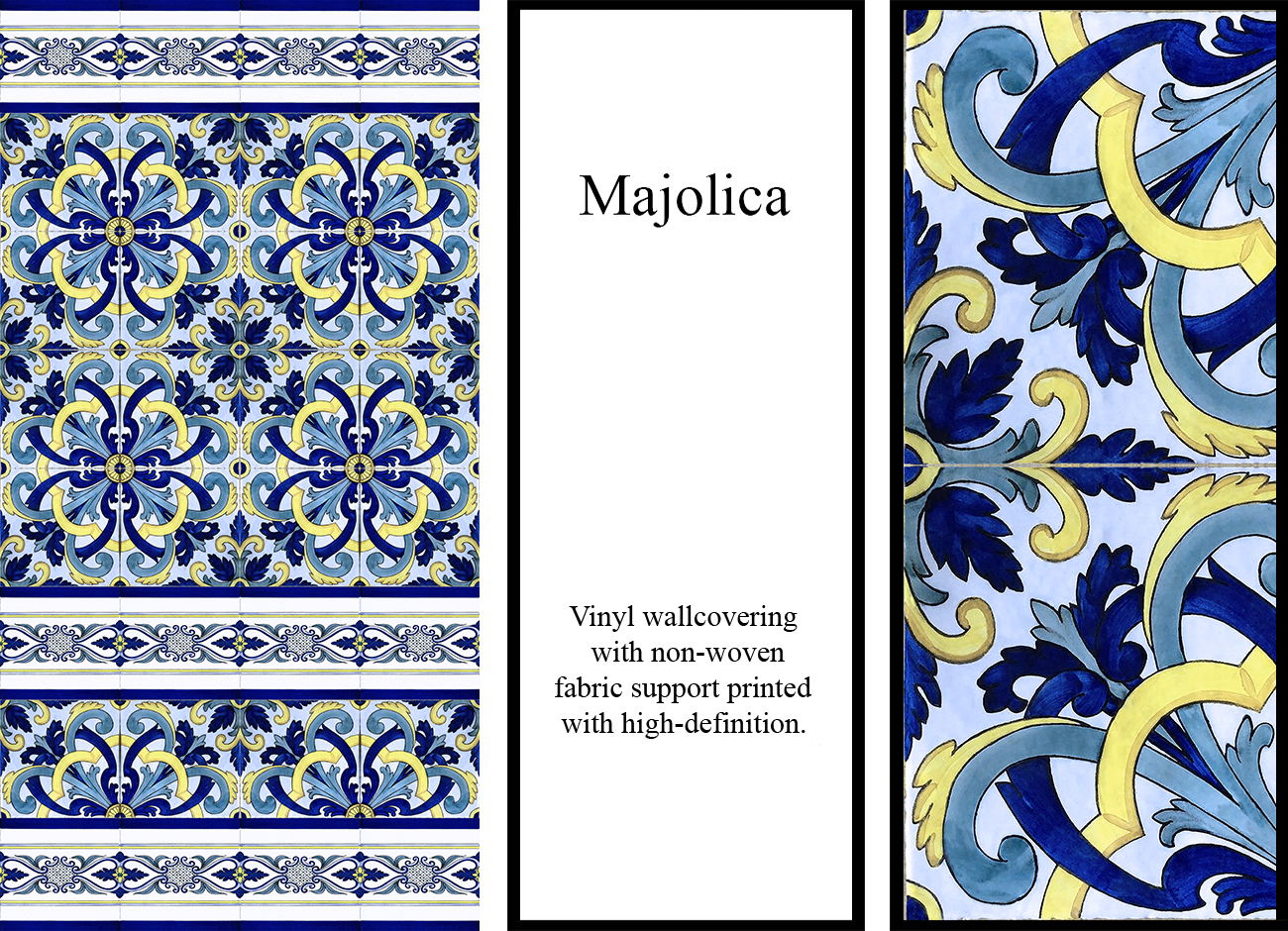 Mediterranean-style majolica wallpaper with floral motifs in bright blue, blue light and yellow colours