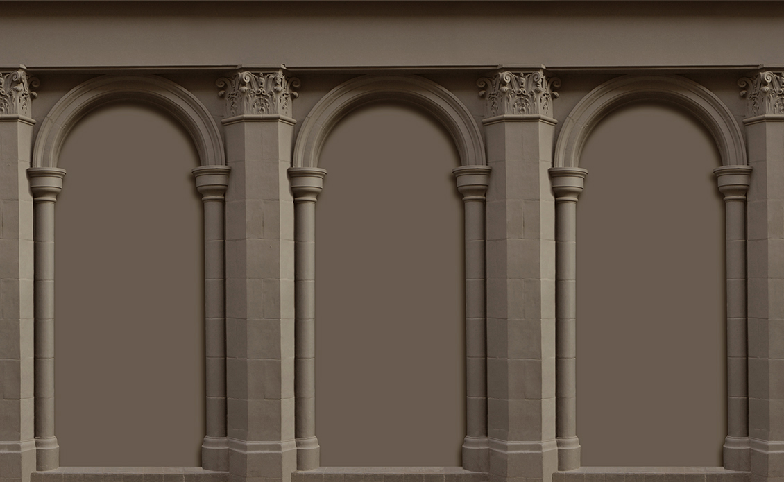 Carta da parati beige a tema architettonico effetto 3d, con arcate sostenute da colonne e capitelli