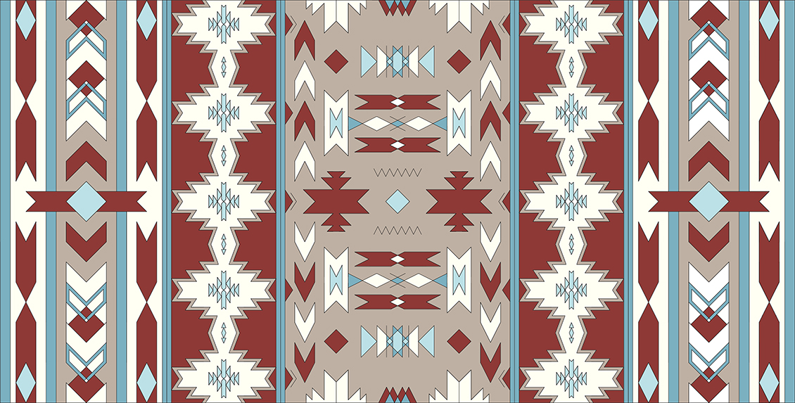 Geometric wallpaper in ethnic style in red, blue, white and dove grey