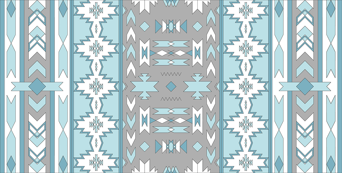 Geometric wallcovering in ethnic style in light blue, white and grey