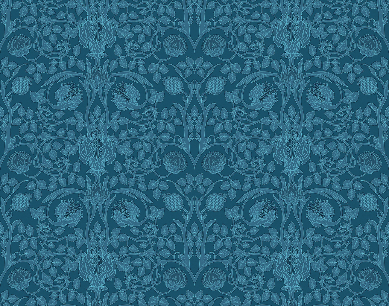 Decorative wallpaper with petrol blue floral pattern