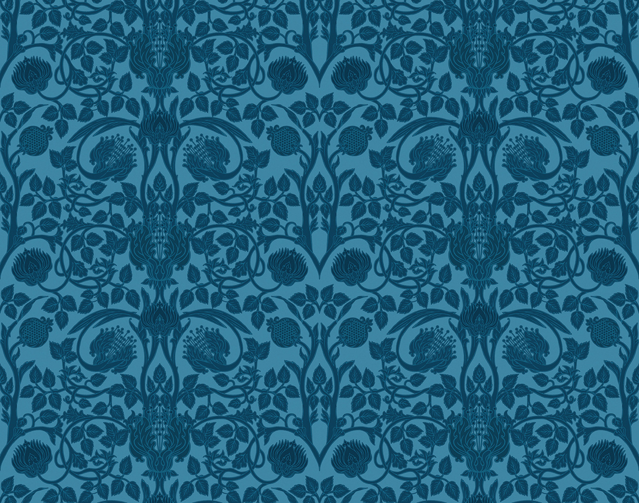 Damask wallpaper with petrol blue floral pattern
