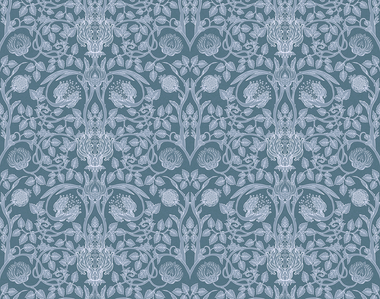 Decorative wallpaper with blue and white floral pattern
