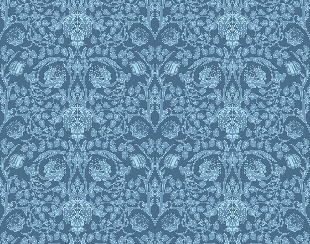 Damask wallpaper with blue and light blue floral pattern  