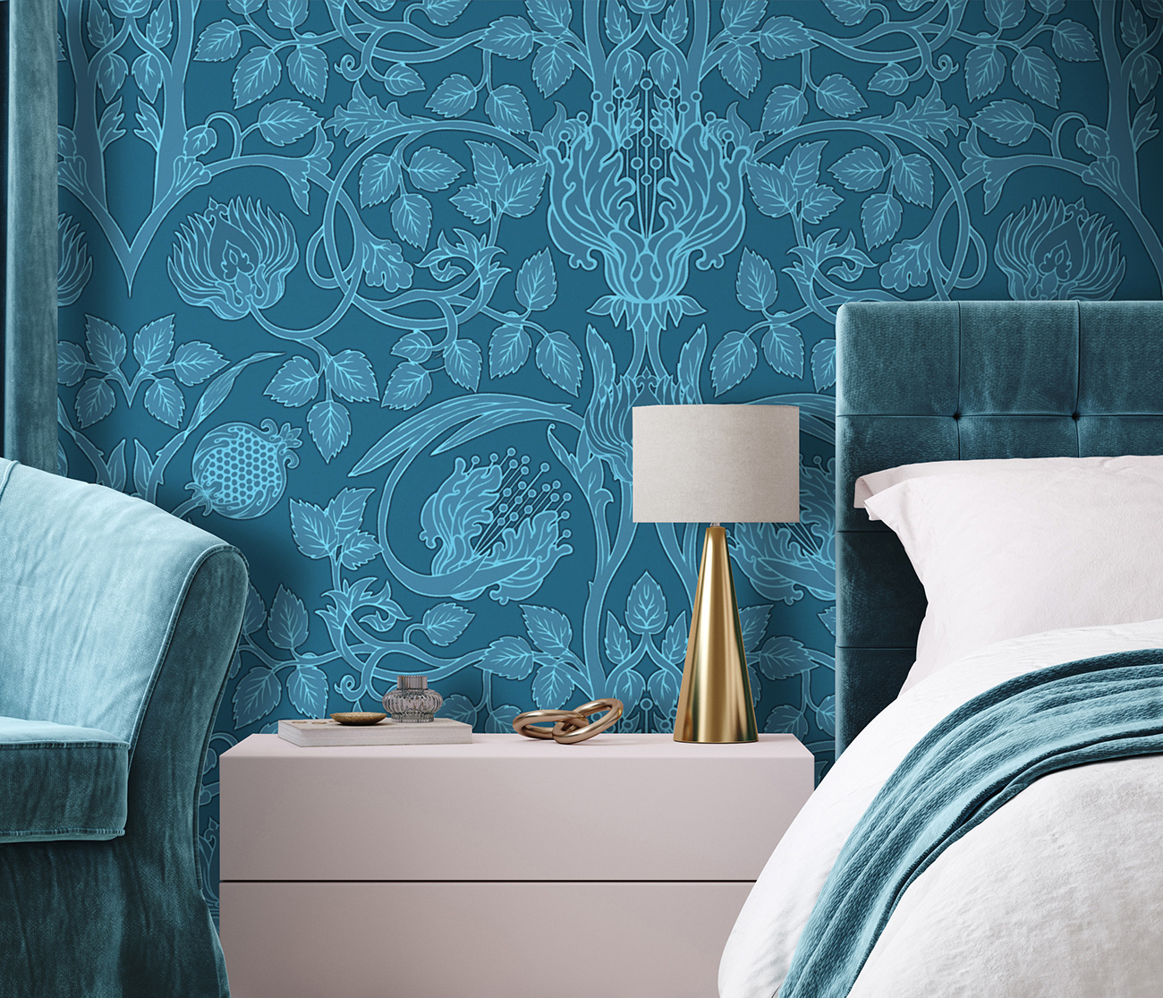 Damask wallpaper with petrol blue floral pattern which adorns a bedroom