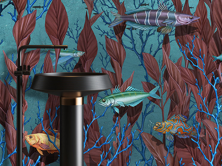 Marine wallpaper with fish, an aquarium with algae and corals on a green background, covering a bathroom
