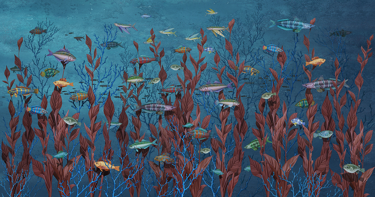 Carta da parati con pesci tropicali un acquario con alghe e coralli su fondo blu mare