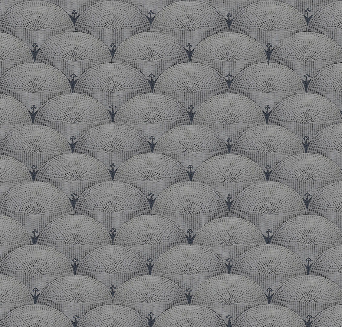 Geometric wallpaper with ancient mosaic in gray, white and blue colors